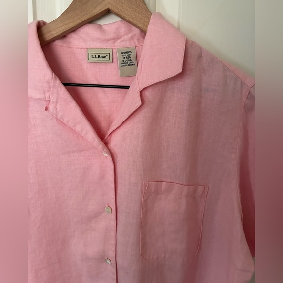Women's L.L. Bean Pink Button-up Linen Short Sleeve Shirt - Picture 3 of 7